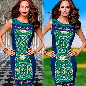 Cache Sleeveless Sheath Bodycon Midi Cocktail Equestrian Blue, Green, Gold. L
